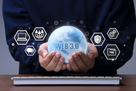 Web 3.0 concept.Businessman Holding Web 3.0 World Globe with icon. Web 3.0 Technology and Blockchain Concept.New internet technology.の写真素材