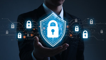 Cyber security concept.Businessman protects personal and corporate data.Internet network security and data protection.の写真素材