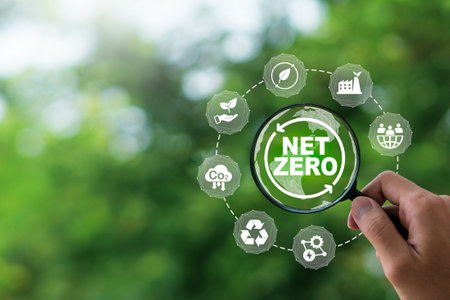 Carbon neutral and net zero concept.Natural environment Climate-neutral long-term strategy.Net zero icon inside magnifier glass.Net zero greenhouse gas emissions target.の写真素材