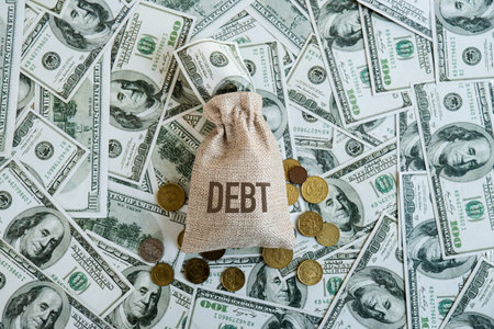 Debt concept. Bag of money with dollar and coin background. financial obligation, loan payment, heavy load of money failure, inflation, mortgage or borrowing money problem.の写真素材