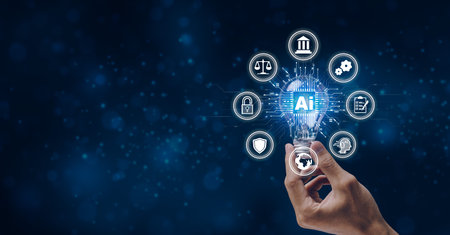 AI technology concept. Hand holding a light bulb with ai icon.Machine learning on the big data network, innovation of futuristic.Generate ai for work.の写真素材
