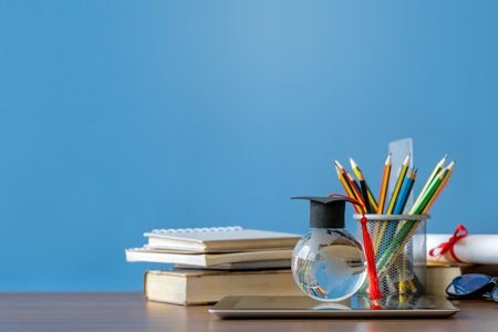 Graduation day.Education learning concept.A mortarboard on crystal globe with stack of books and pencils color in a pencil case on blue background.の写真素材