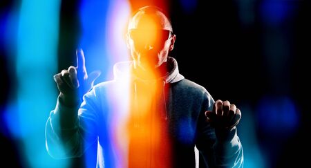 Futuristic thief hacker hacking bank passwordの写真素材