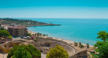 Aerial view of beach and Mediterranean Sea in Tarragonaの写真素材