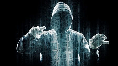Futuristic hacker typing on virtual reality keyboardの写真素材