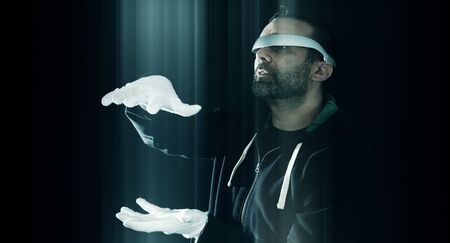 Virtual reality glasses concept, futuristic hacker night cybercrimeの写真素材