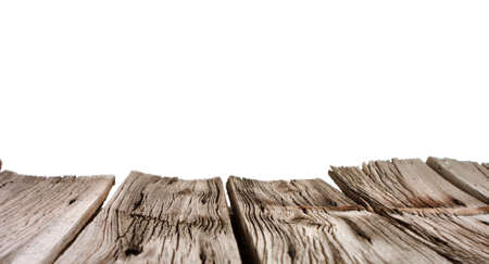 Old wood empty table, white backdropの写真素材