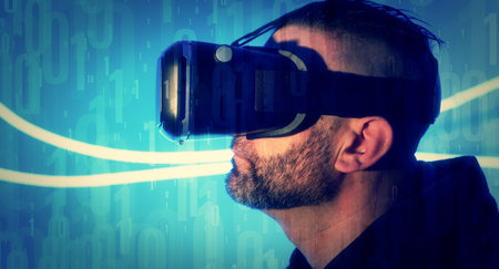 Binary code background man using virtual reality glasses