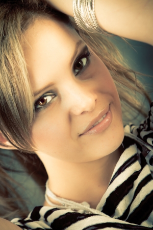 Beautiful blonde woman on studioの写真素材