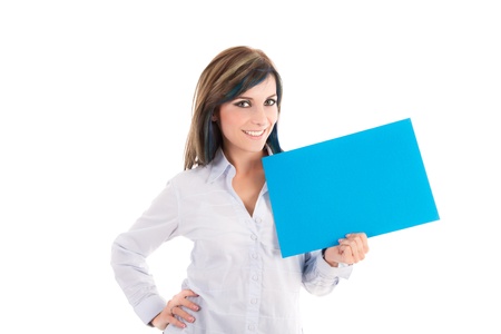 Portrait of a lovely young female holding a signの写真素材
