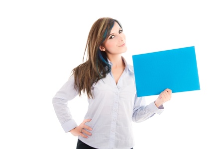 Portrait of an attractive smiling woman with blank board の写真素材