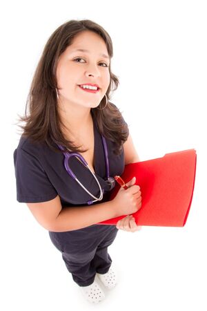 Friendly female doctor isolated on whiteの写真素材