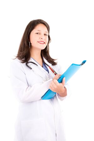 Friendly female doctor isolated on white smilingの写真素材