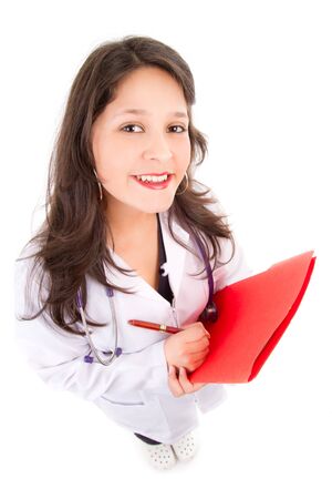Friendly female doctor isolated on whiteの写真素材