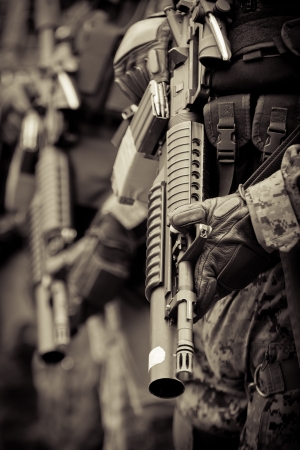 soldier in formation with armo assault rifleのeditorial素材