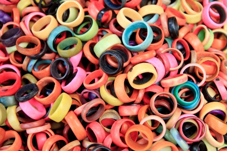 pile of colorful  tagua rings at otavalo marketの写真素材