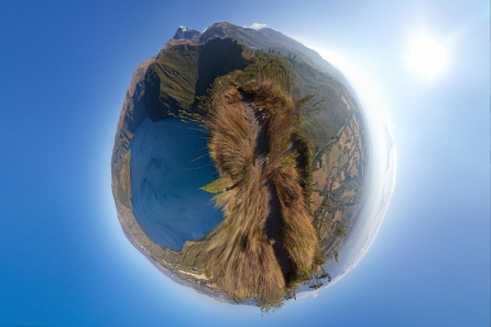 panoramic planet of a lake and mountains, Cuicocha, Ecuadorの写真素材