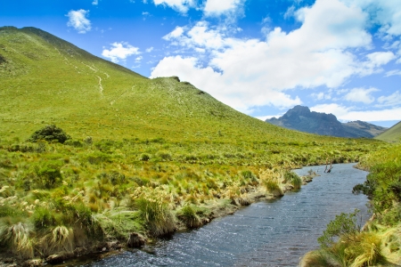 View of mountain river with blue sky and cloudsの写真素材