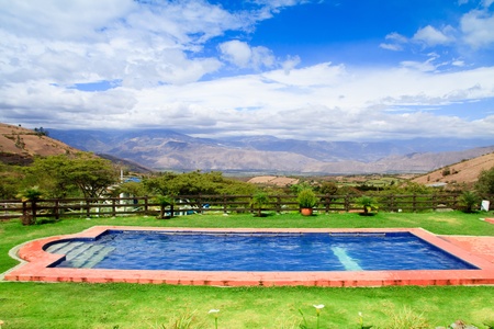 Swimming pool with a view of the andesの写真素材