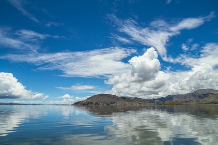 lake Titicaca and sky reflectedの写真素材