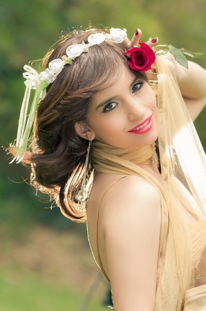 Portrait of romantic woman in fairy forestの写真素材