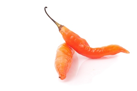 Yellow hot chili peppers on a white backgroundの写真素材