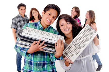 Group of friends recycling keyboards, ewasteの写真素材
