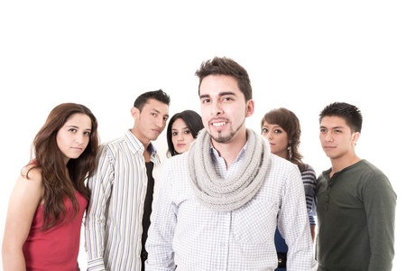 Group of young people, man at front, isolated on white background の写真素材