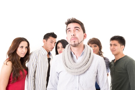 Group of young people, man at front, isolated on white background の写真素材