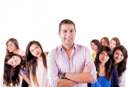 One happy man with a group of eight womanの写真素材