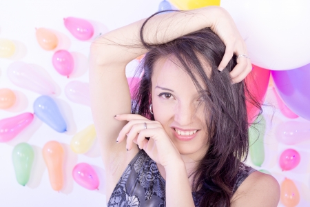 happy cute woman with balloonsの写真素材