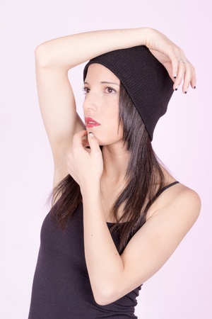 young woman wearing winter cap, fashion shotの写真素材