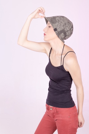 young woman wearing winter cap, fashion shotの写真素材