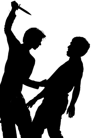 Silhouette of an attack with a knife depicting violence isolated against white backgroundの写真素材