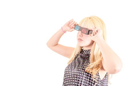 Young beautiful woman with 3d glasses, isolated on white