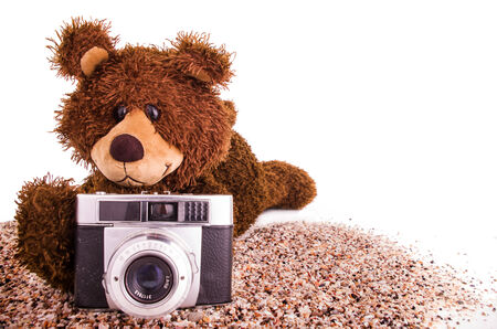 A cute teddy bear is with a camera on the sandの写真素材