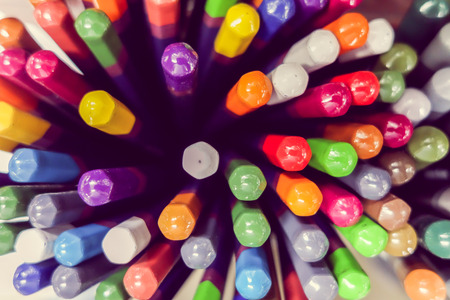 assortment of color pencils close up view from aboveの写真素材
