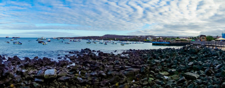 panorama landscape of marina in san cristobal galapagos islands ecuadorの写真素材