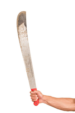 closeup of hand holding machete isolated on white
