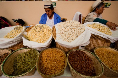 GUALACEO, AZUAY, ECUADOR - AUGUST 21, 2010 : Indigenous woman selling mote hominy in Gualaceo Marketのeditorial素材