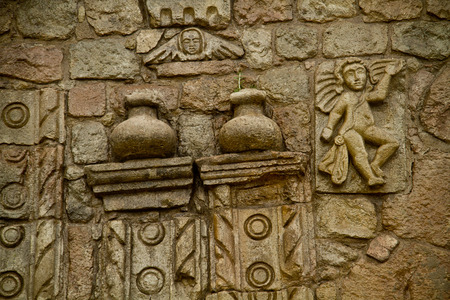 closeup details of the architecture art in Barbanera Church, the oldest catholic church of Ecuador, located in the province of Chimborazoの写真素材