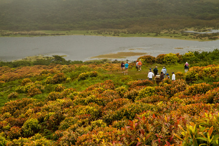 GALAPAGOS, ECUADOR - JULY 19, 2010: Group of unidentified tourists hiking along San Cristobal Island in Galaagos.のeditorial素材