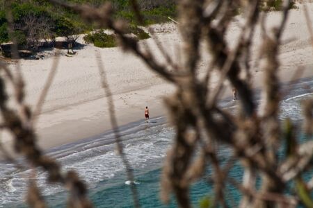 MANABI, ECUADOR - JUNE 3, 2012: Deserted paradise beach in Salango island seen through tree branches.のeditorial素材
