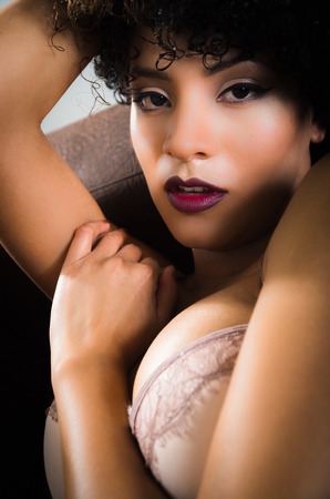 closeup of girls face in lingerie with sensual poseの写真素材