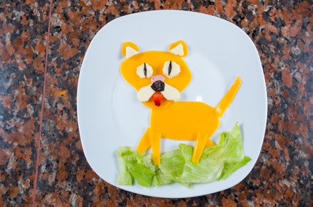 Animated dog made out of cheese, lattuce and strawberryの写真素材