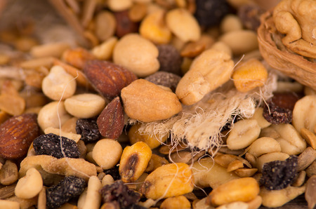 Beautifully arranged display of delicate variation of nuts and raisinsの写真素材