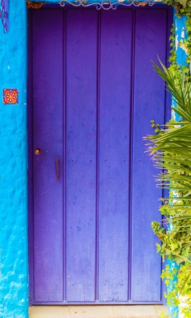 Caption of purple wooden door on turquoise painted house with green bushes on right sideの写真素材