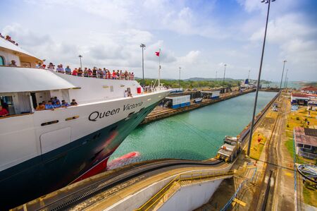 COLON, PANAMA - APRIL 15, 2015: Gatun Locks, Panama Canal. This is the first set of locks situated on the Atlantic entrance of the Panama Canal.のeditorial素材
