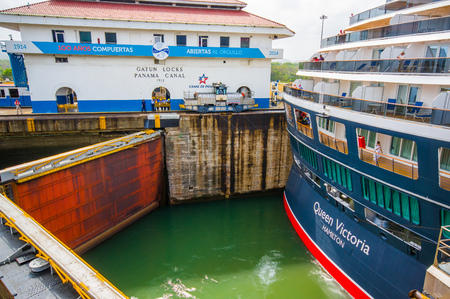 COLON, PANAMA - APRIL 15, 2015: Gatun Locks, Panama Canal. This is the first set of locks situated on the Atlantic entrance of the Panama Canal.のeditorial素材