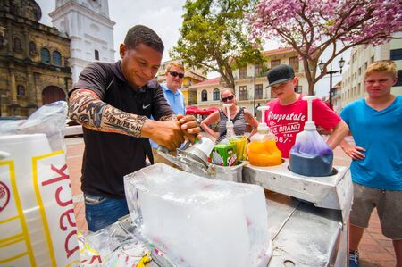 PAMANA, PANAMA - APRIL 19, 2015: street vendor of  shaved ice desserts in Panama, Casco Viejo (Spanish for Old Quarter).のeditorial素材
